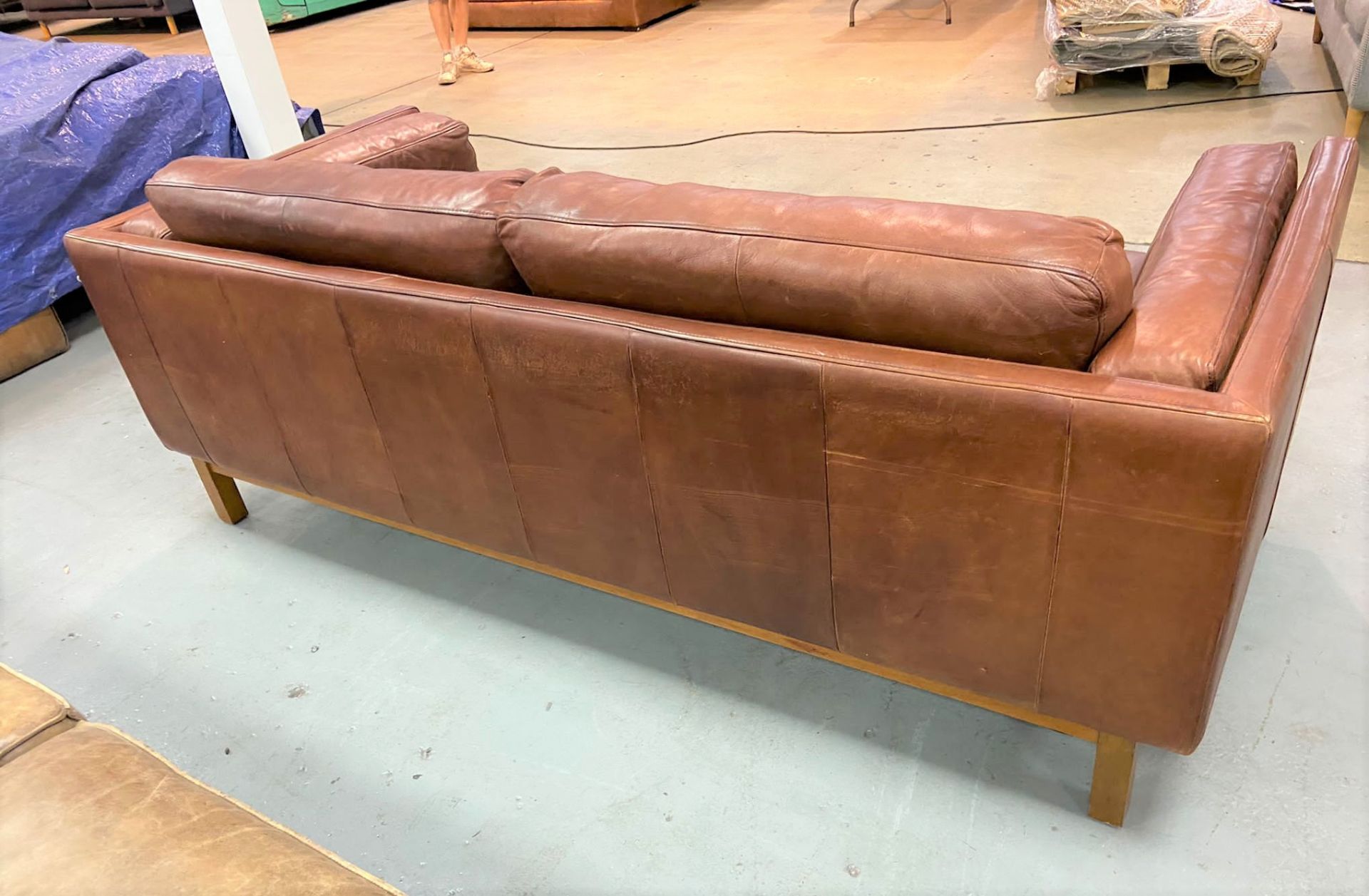 1 x West Elm Dekalb Contemporary Three Seater Sofa - Upholstered in Quality Tan Leather With Oak Fee - Image 2 of 6