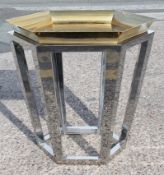1 x Hexagonal Brass Tray Topped Table Featuring A Geometric Rose Pattern And Chrome Base