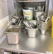 55 x Stainless Steel Gastro Pans With Lots of Various Lids - Plus 1 x Stainless Steel Prep Table