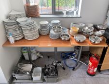 1 x Assorted Job Lot of Plates, Cutlery, Stainless Steel Dishes, Baskets, Water Softener, Heater,