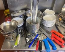 1 x Large Collection of Cooking Accessories Including Knives, Cooking Pans, Utensils, Serving Trays,