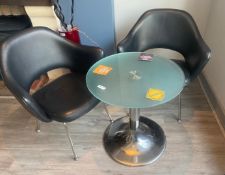 1 x Round Glass Table and Chair Set - Smoked Glass Table With Chrome Base and Two Occasional