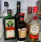 6 x Bottles of Various Spirits Including Jagermeister, Tanqueray Gin, Passoa and More - Part Used