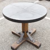 1 x Industrial 80cm Restaurant Table - Stone Style Top With Steel Edging and a Rustic Timber Base