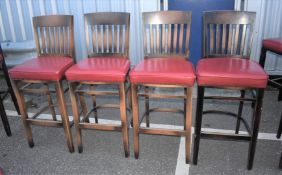 4 x Bar Stools With Red Leather Seats and Wooden Back Rests - Seat Height 79 cms