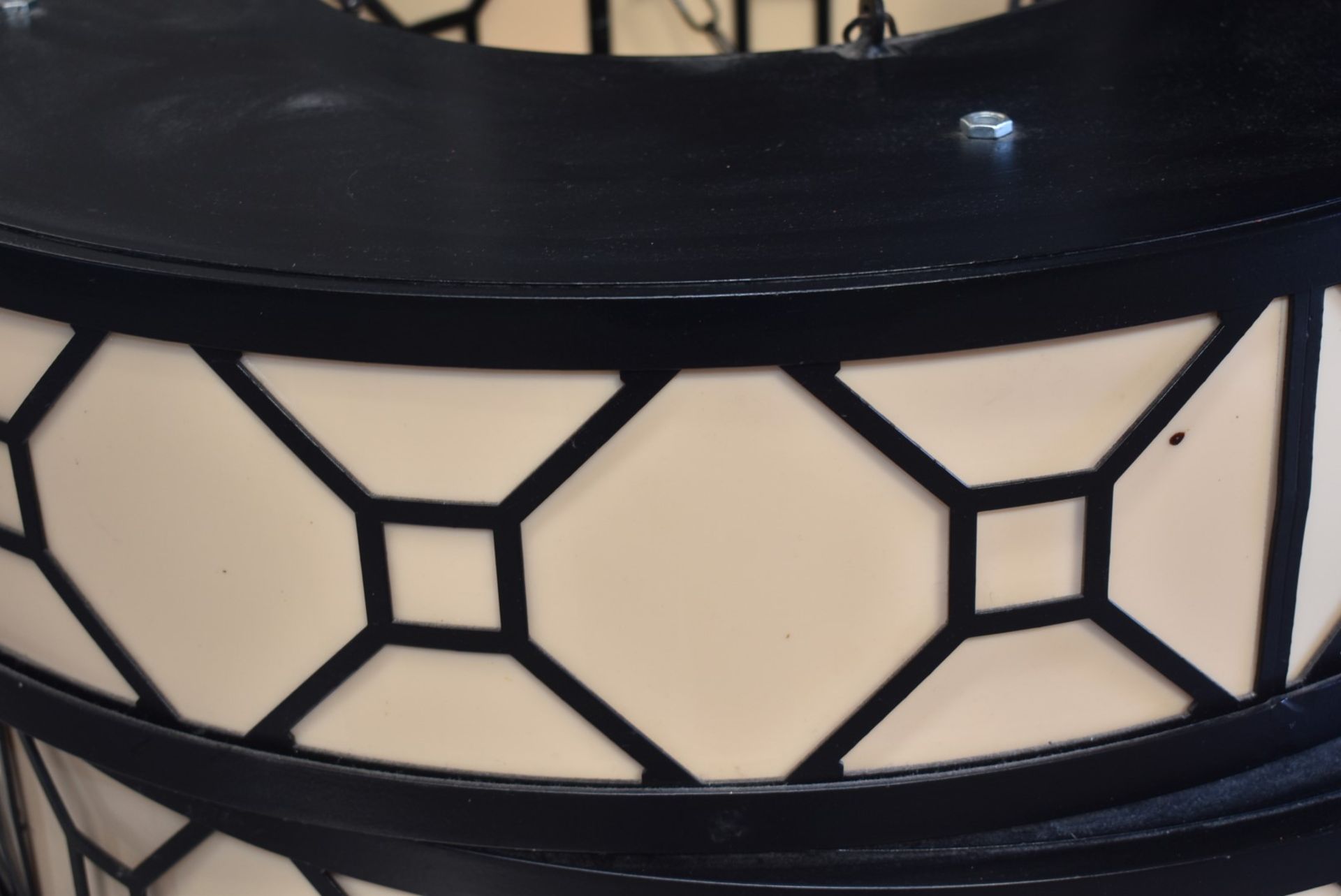 1 x Large Round Suspended Commercial Ceiling Light Fitting Featuring A Leaded Glass Style Shade - - Image 3 of 6