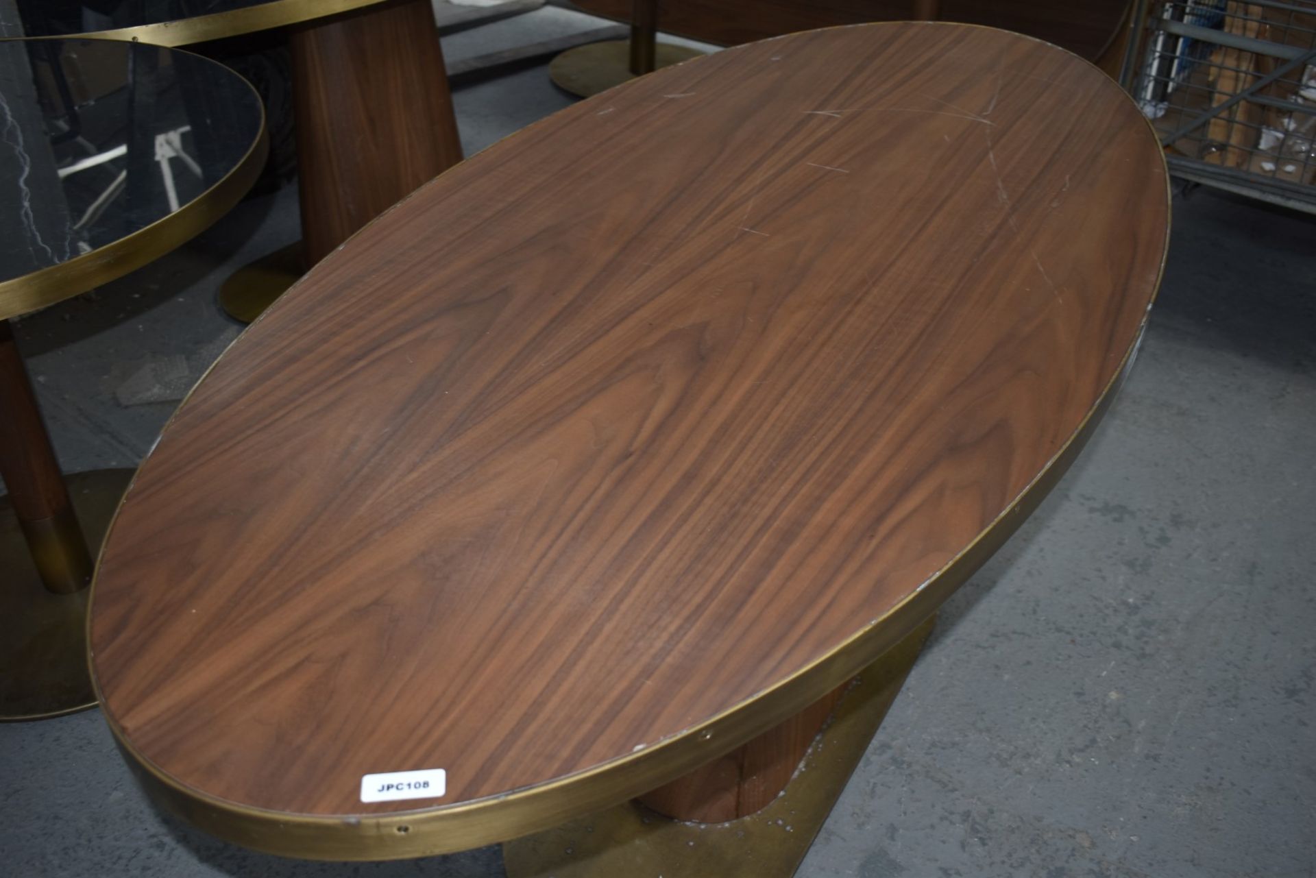 1 x Oval Banqueting Dining Table By AKP Design Athens - Walnut Top With Antique Brass Edging - Image 5 of 7