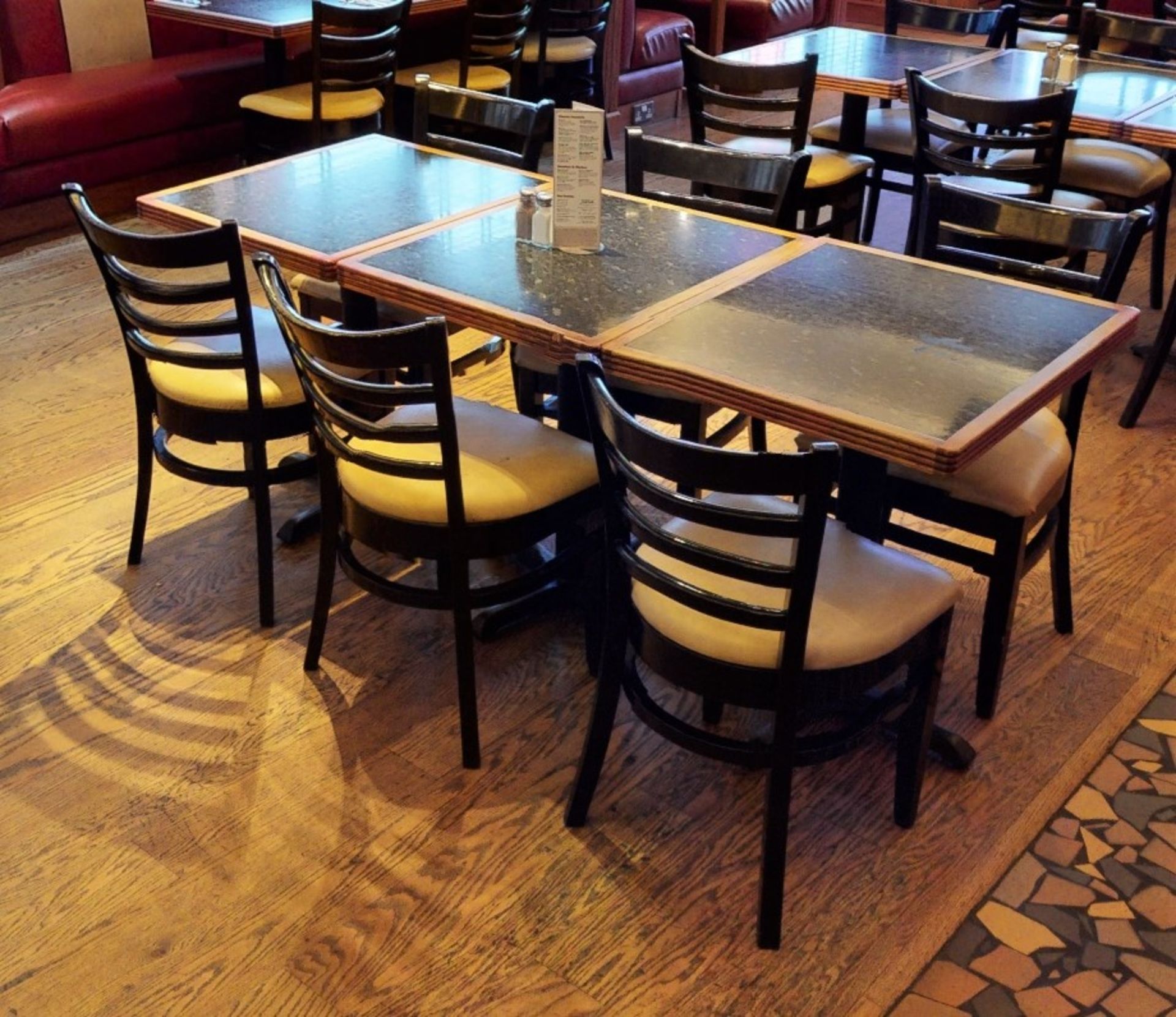 5 x Restaurant Tables With Granite Style Surface, Wooden Edging, Cast Iron Bases - Seats 2 Persons - Image 3 of 4