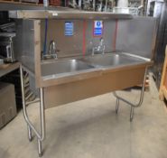 1 x Stainless Steel Twin Sink Wash Unit With Mixer Taps and Splash Back Surround - Width: 125 cms