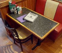 1 x Restaurant Table With Granite Effect Surface, Wood Edging, Cast Iron Bases - Seats 4 Persons