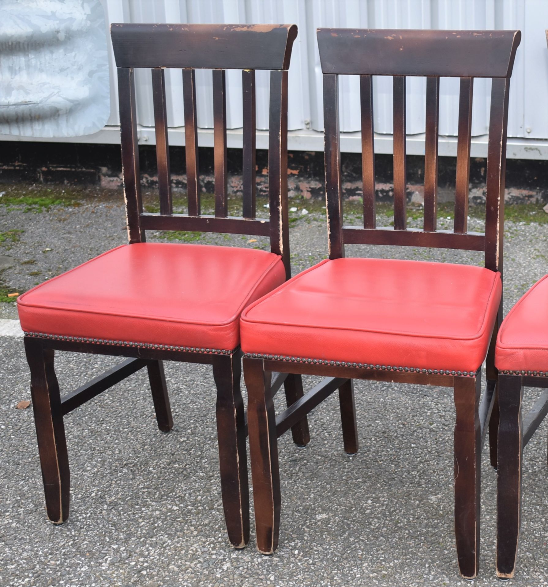 8 x Restaurant Dining Chairs With Dark Stained Wood Finish and Red Leather Seat Pads - Image 3 of 6