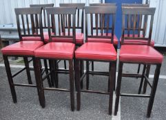 8 x Bar Stools With Red Leather Seats and Wooden Back Rests -Seat Height 80 cms