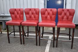4 x Wingback Bar Stools With Red Leather Seats and Plush Studded Back Rests - Seat Height 75 cms