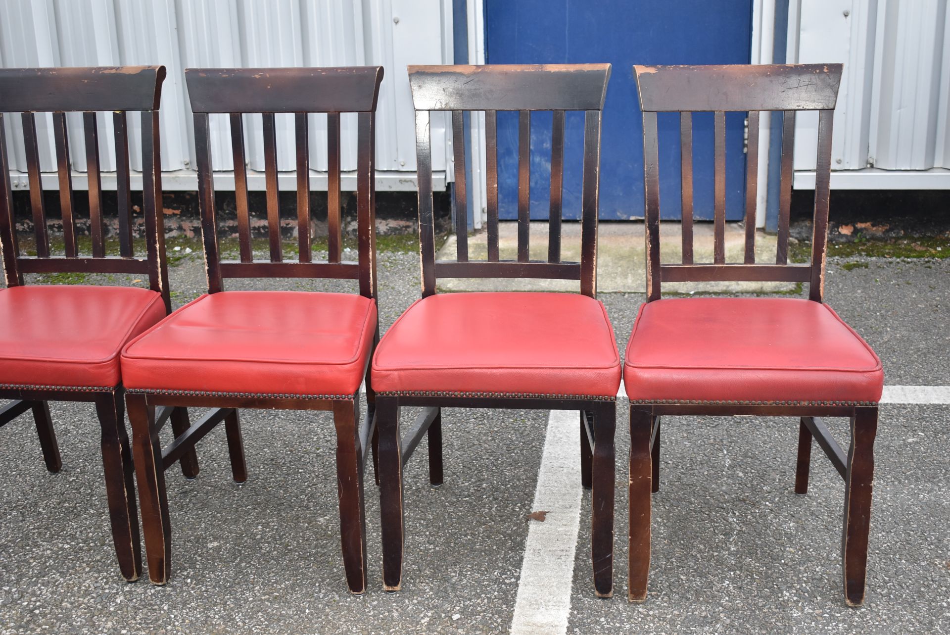8 x Restaurant Dining Chairs With Dark Stained Wood Finish and Red Leather Seat Pads - Image 4 of 6