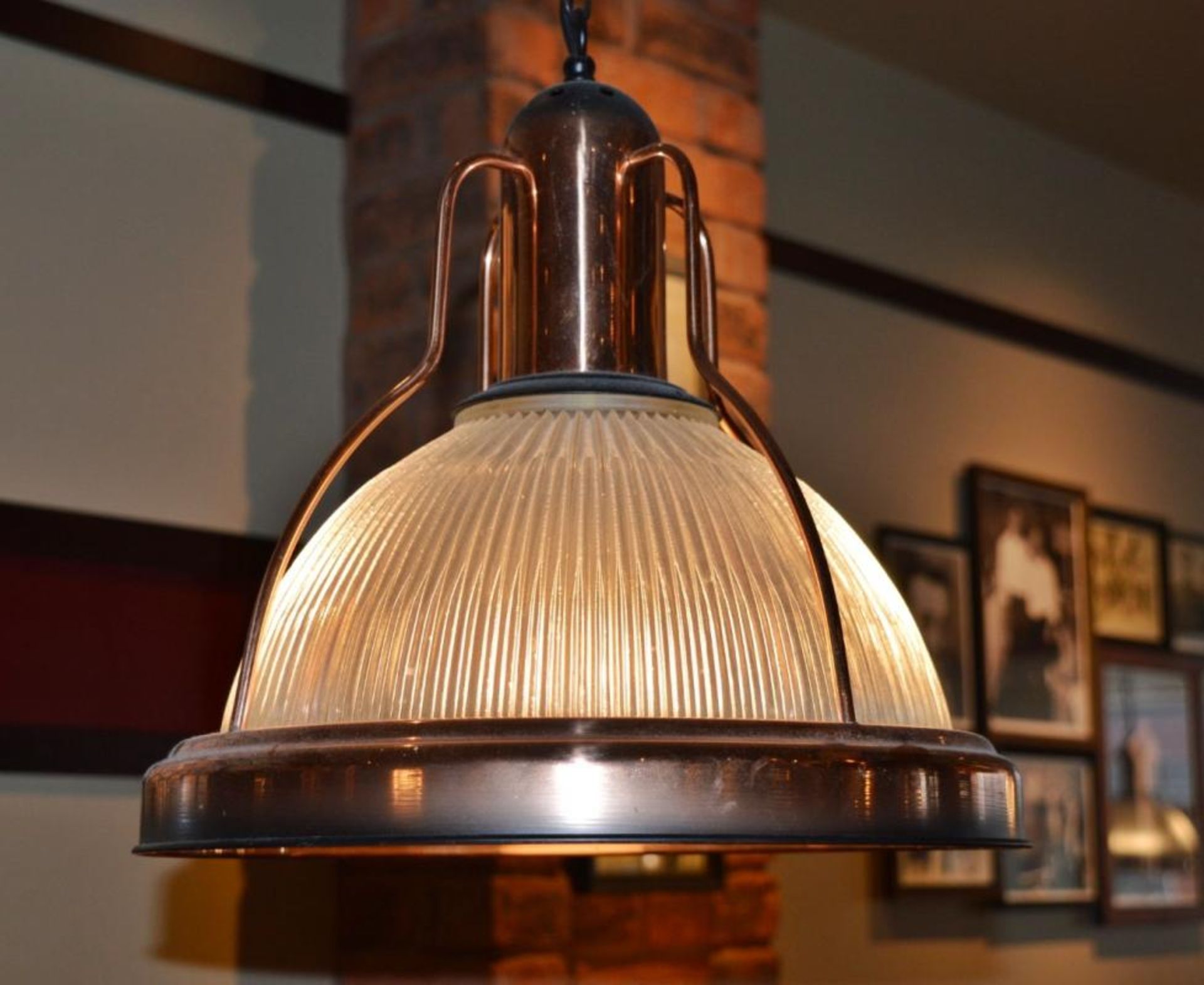 7 x Industrial-style Pendant Light Fittings In Copper With Pleated Glass Shades - Image 2 of 5