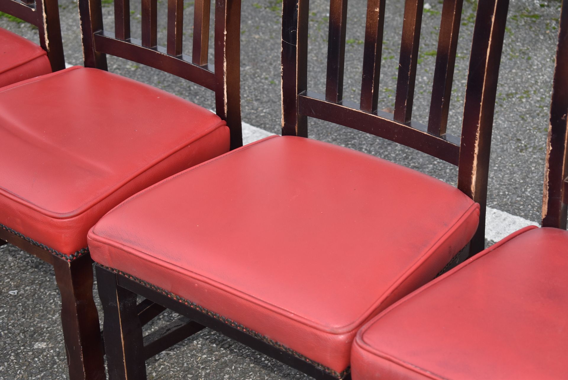 8 x Restaurant Dining Chairs With Dark Stained Wood Finish and Red Leather Seat Pads - Image 5 of 6