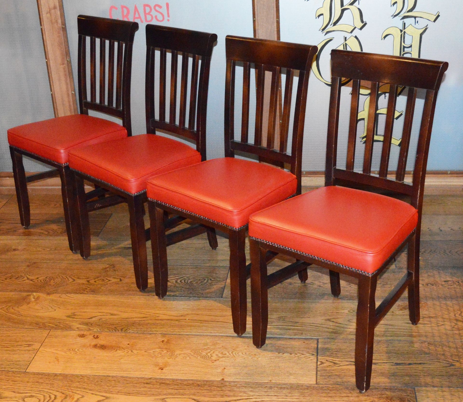 8 x Restaurant Dining Chairs With Dark Stained Wood Finish and Red Leather Seat Pads