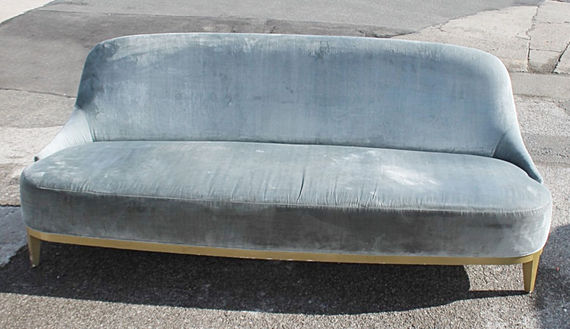 1 x Opulent Velvet Upholstered Sofa In Blue-Silver Tone With A Curved Base In Gold - Image 9 of 13