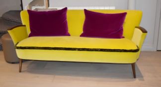 1 x DESIGNERS GUILD Velvet Upholstered Statement Sofa In Canary Yellow With Wooden Armrests Includes
