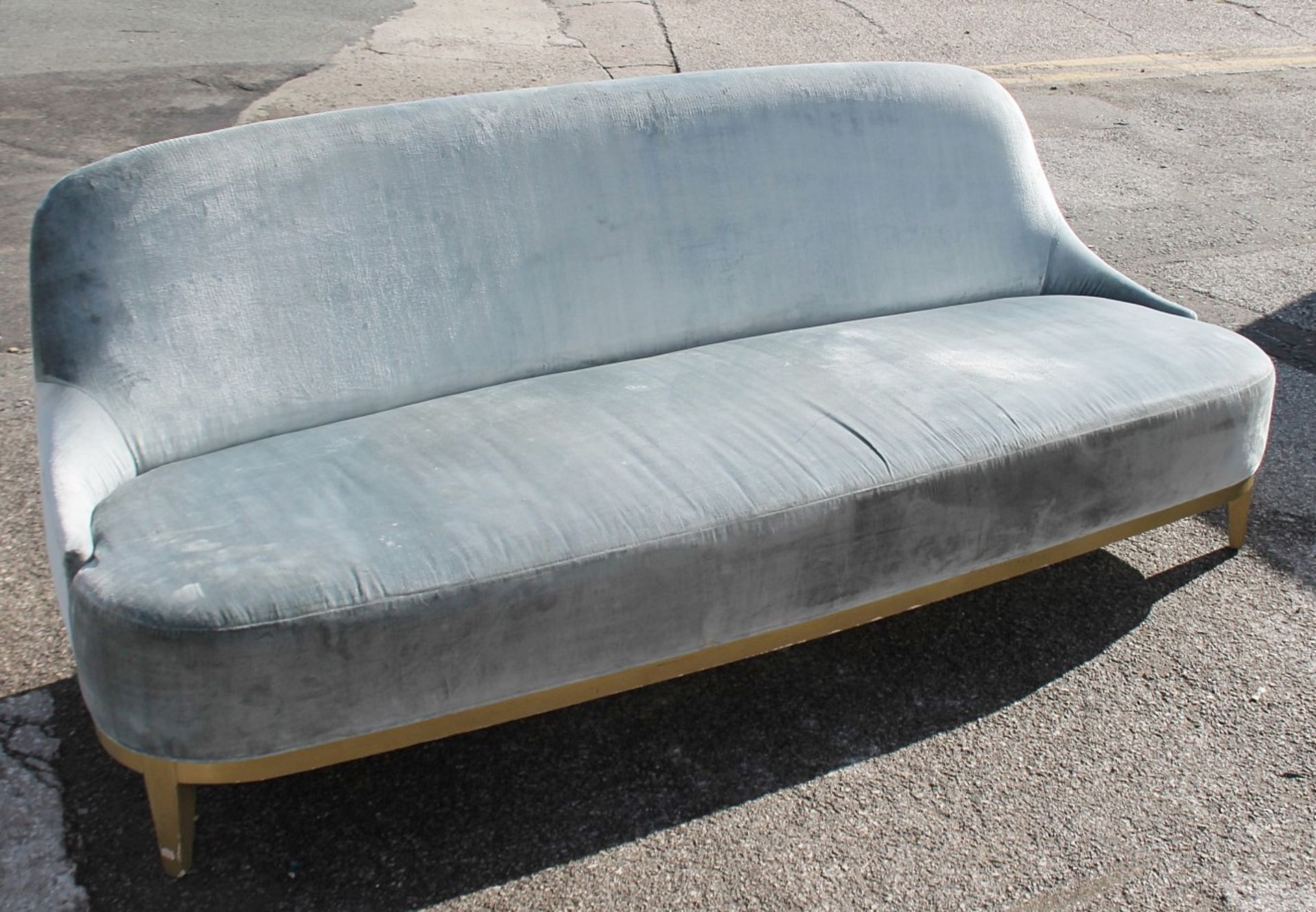 1 x Opulent Velvet Upholstered Sofa In Blue-Silver Tone With A Curved Base In Gold - Image 2 of 13