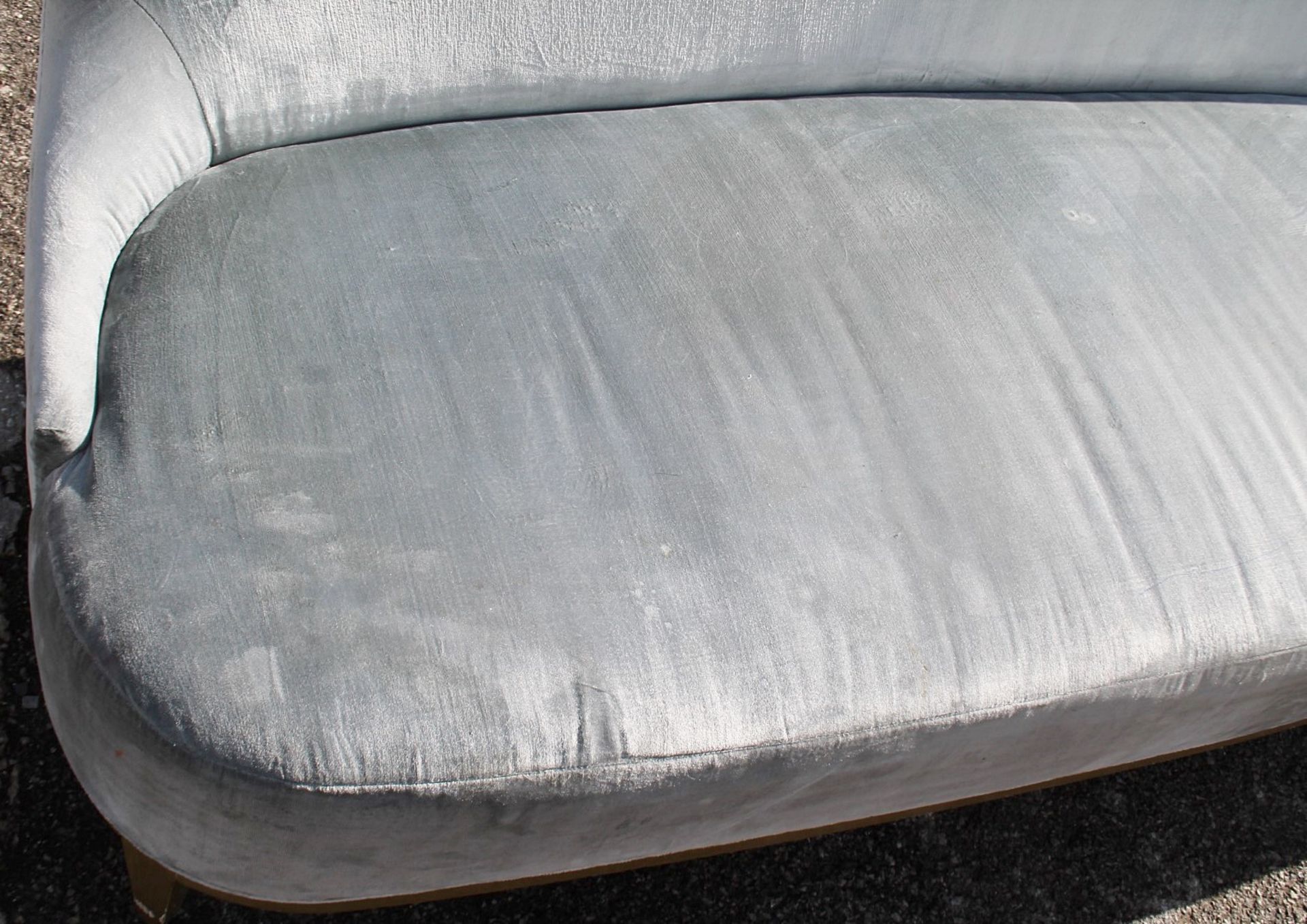 1 x Opulent Velvet Upholstered Sofa In Blue-Silver Tone With A Curved Base In Gold - Image 5 of 13