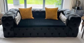 1 x Contemporary Buttoned Sofa, Upholstered In Black Satin And Velvet Fabrics, With 4 x Cushions