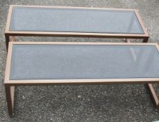 A Pair Of Low / Slim Profile Rectangular Shop Retail Display Tables With A Bronzed Finish Tinted