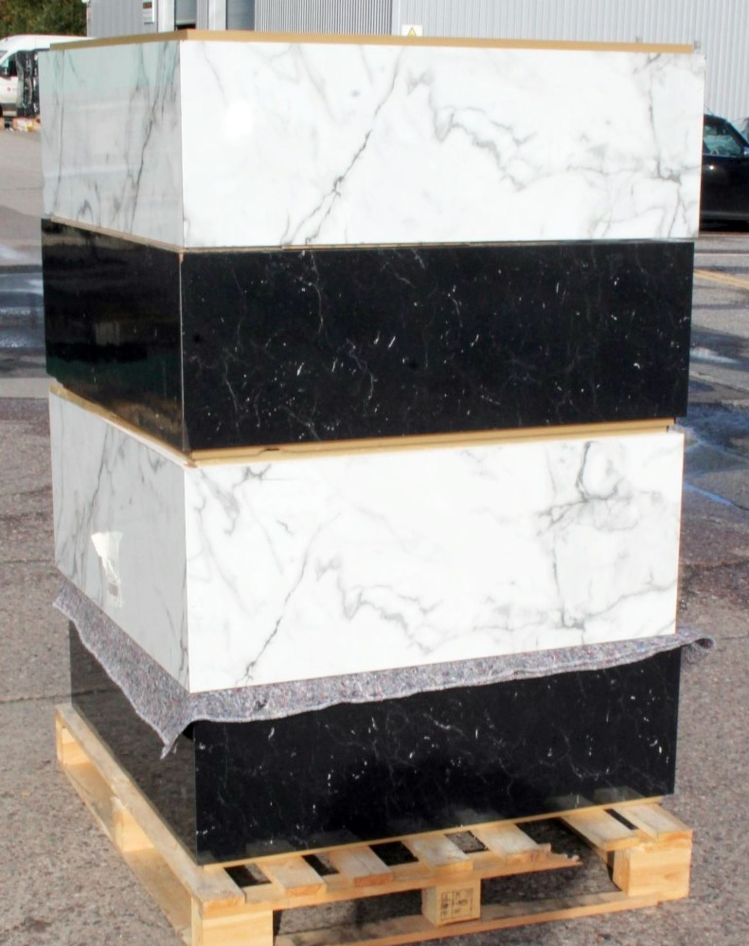 4 x Assorted 1-Metre Wide Wooden Retail Plinth Platforms, All With A Marble-effect Aesthetic