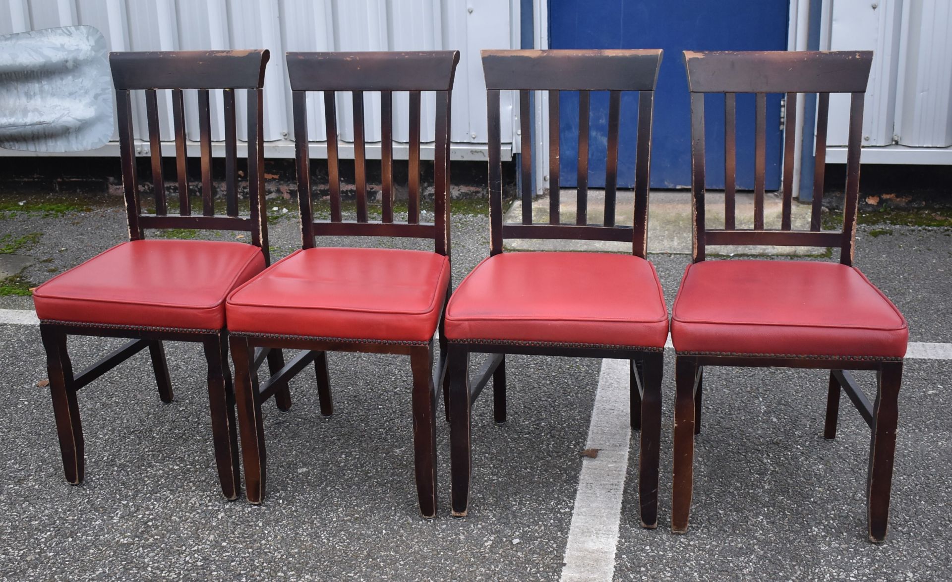 8 x Restaurant Dining Chairs With Dark Stained Wood Finish and Red Leather Seat Pads - Image 4 of 5