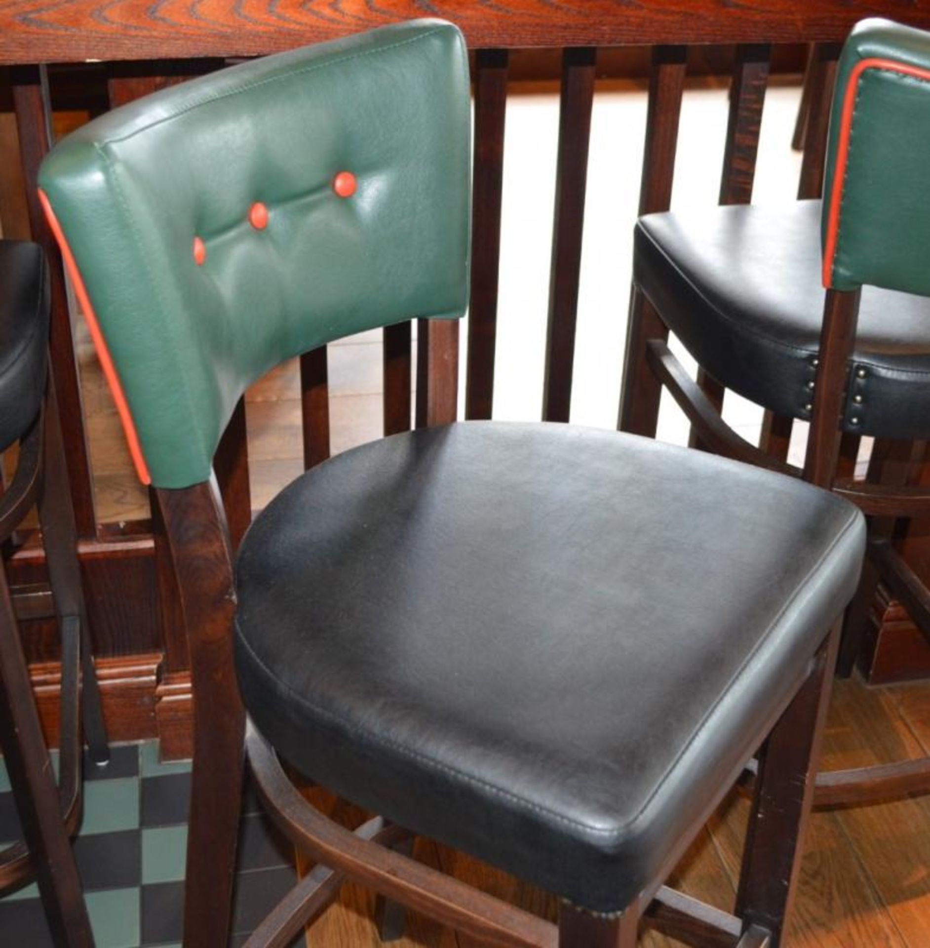 3 x Contemporary Button Back Restaurant Bar Stools - Upholstered in Green & Black Faux Leather - Image 2 of 4