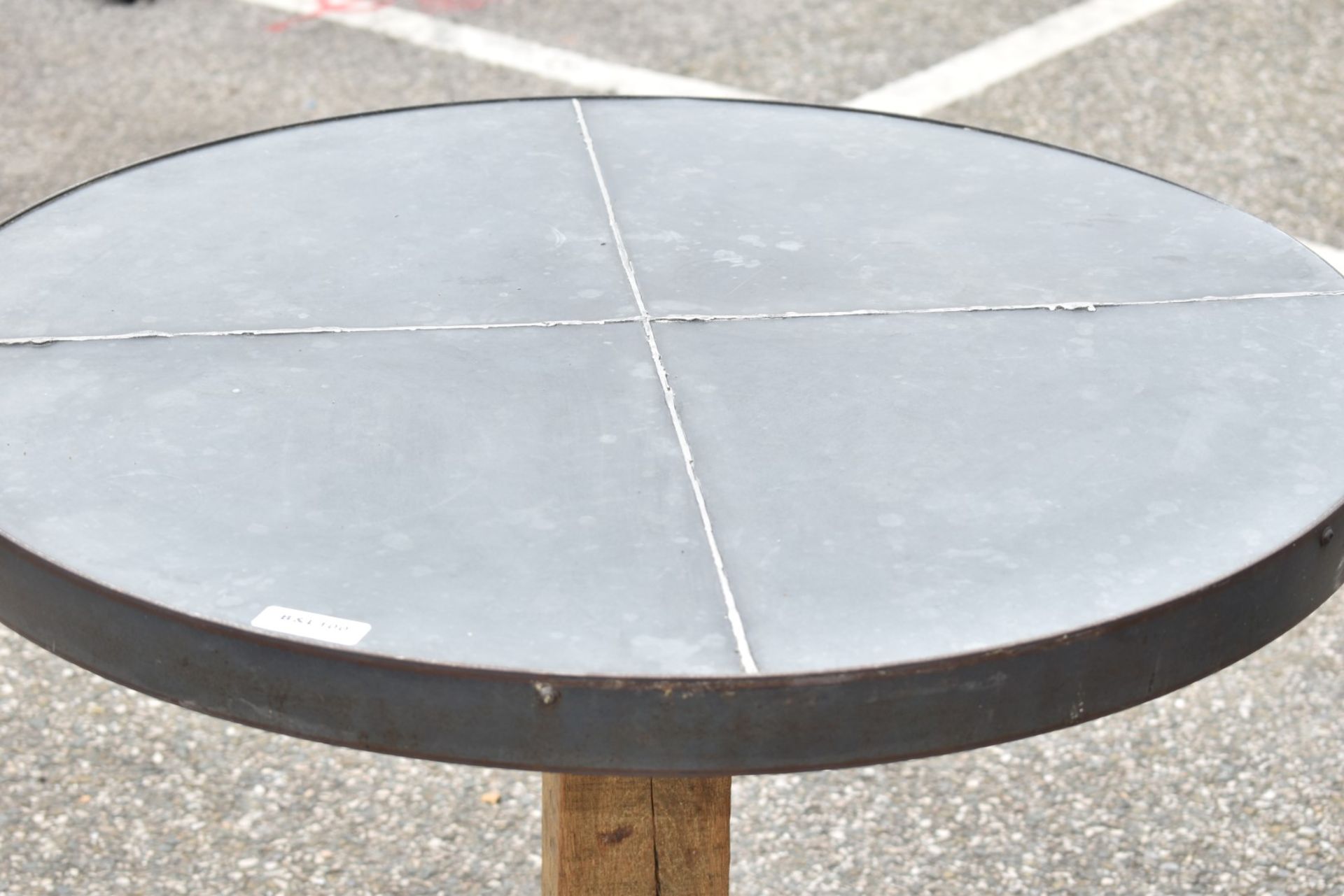 1 x Industrial 80cm Restaurant Table - Stone Style Top With Steel Edging and a Rustic Timber Base - Image 9 of 9