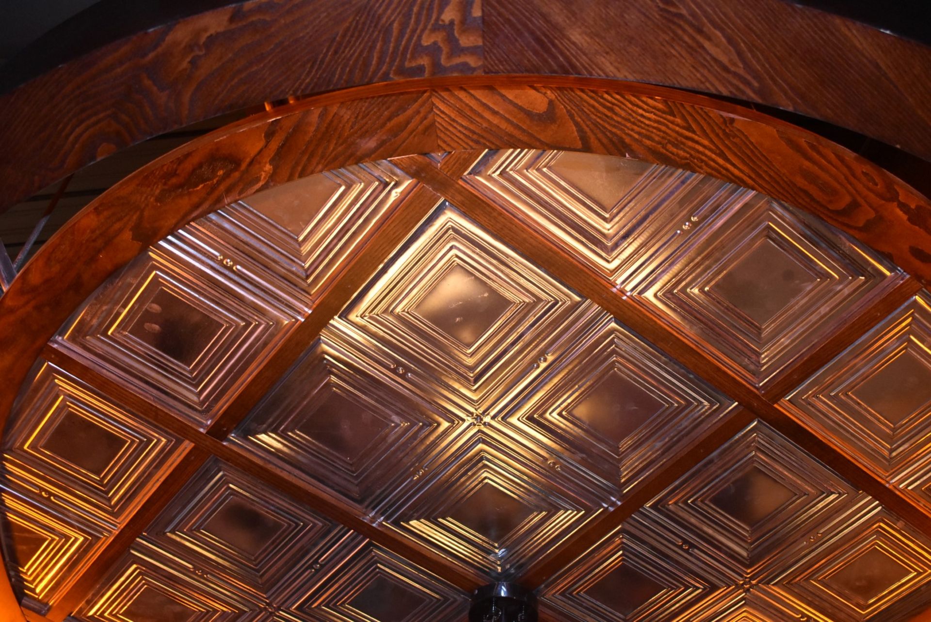 1 x Bespoke Suspended Round Ceiling Panel in Dark Wood With Panelling Inserts - Approx 2.6 Meter - Image 6 of 6