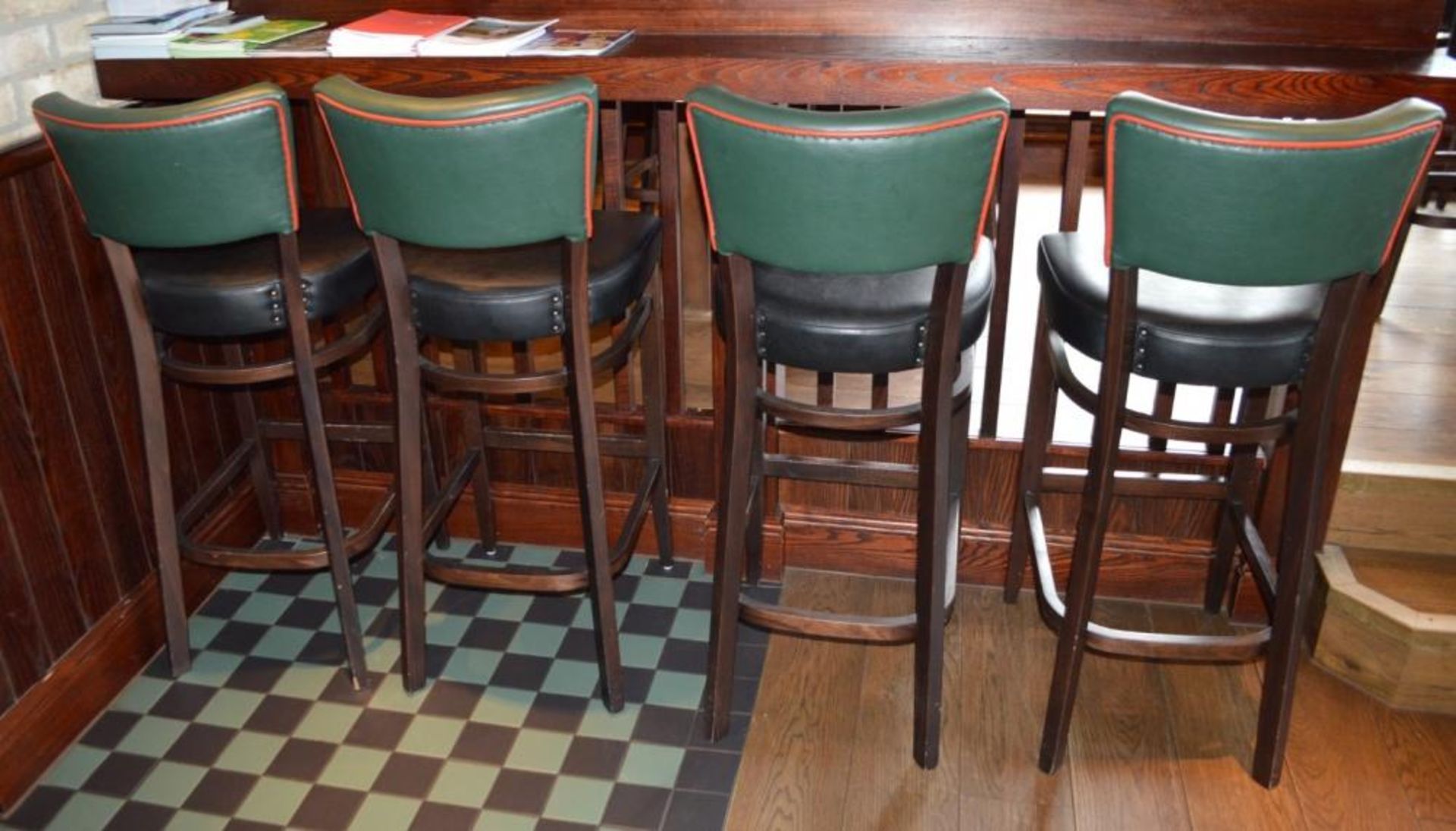 3 x Contemporary Button Back Restaurant Bar Stools - Upholstered in Green & Black Faux Leather - Image 4 of 4