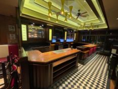 1 x Wooden Pub / Restaurant Front Bar Featuring Upholstered Panels, Underlit Counter, Black Stone