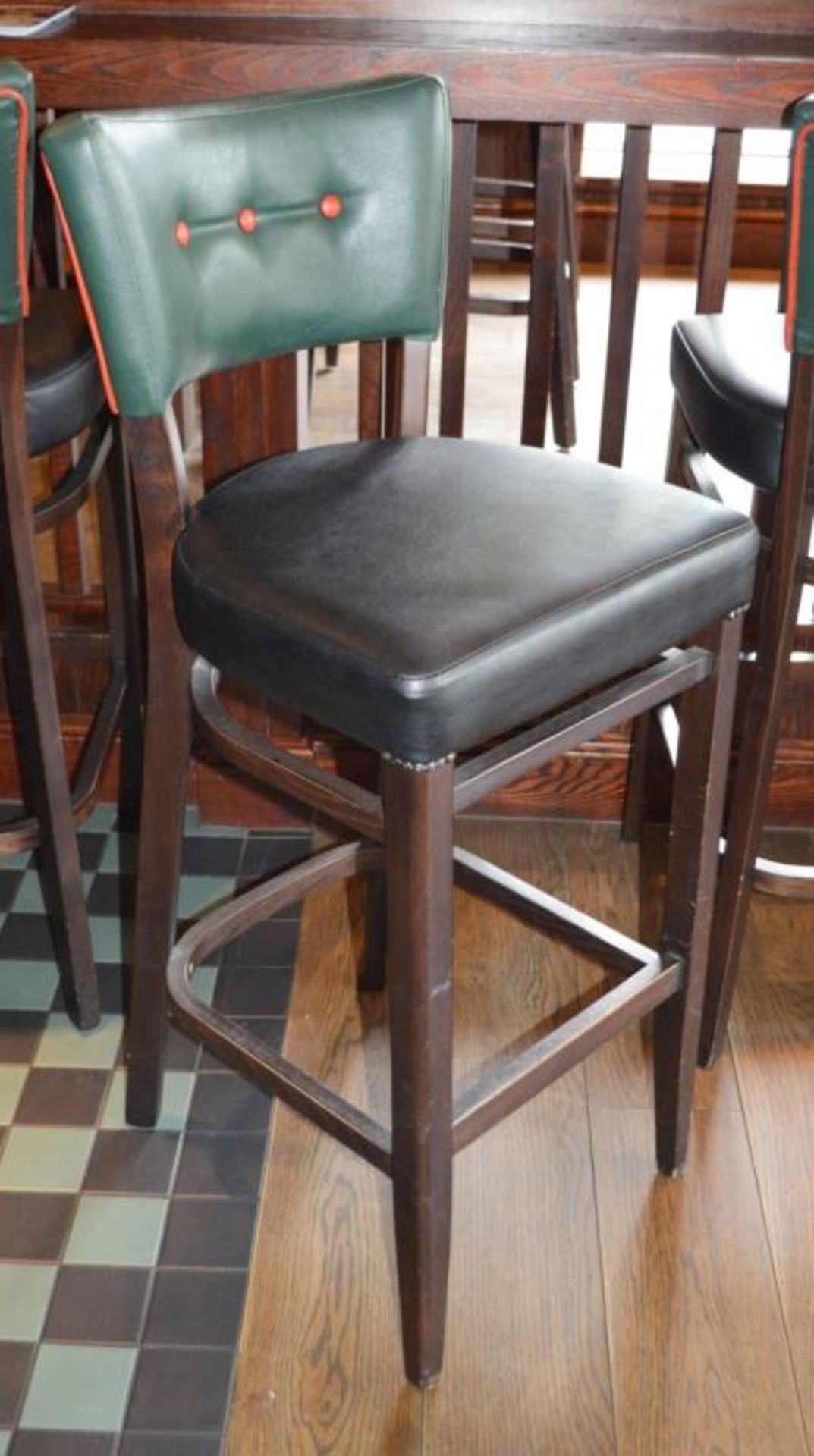 3 x Contemporary Button Back Restaurant Bar Stools - Upholstered in Green & Black Faux Leather