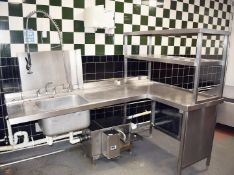 1 x Commercial Stainless Steel Passthrough Inlet and Outlet Tables With Wash Basin and Spray Hose