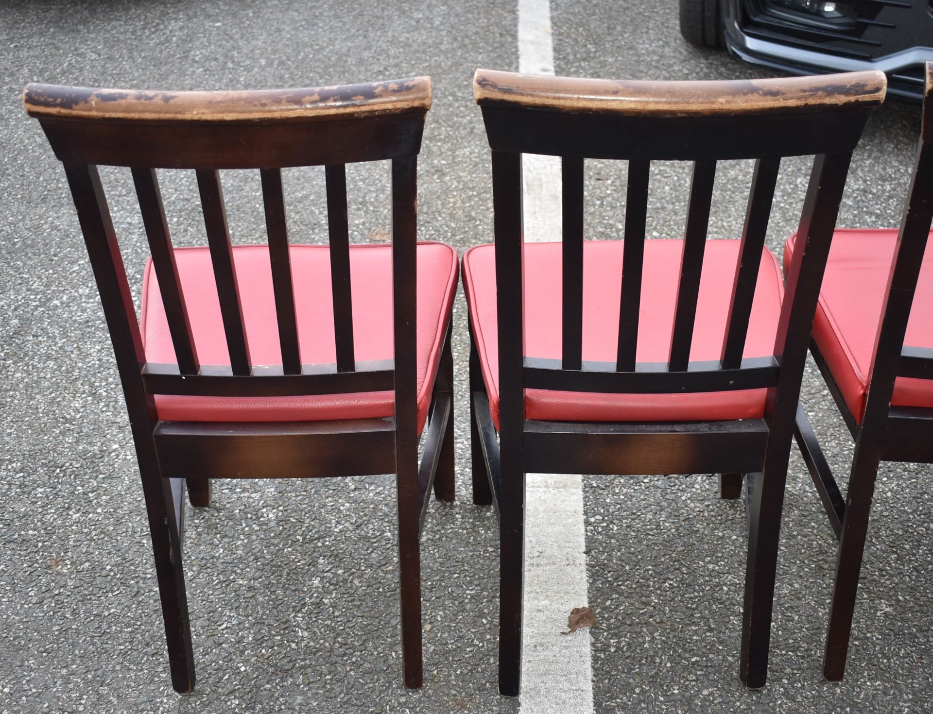 8 x Restaurant Dining Chairs With Dark Stained Wood Finish and Red Leather Seat Pads