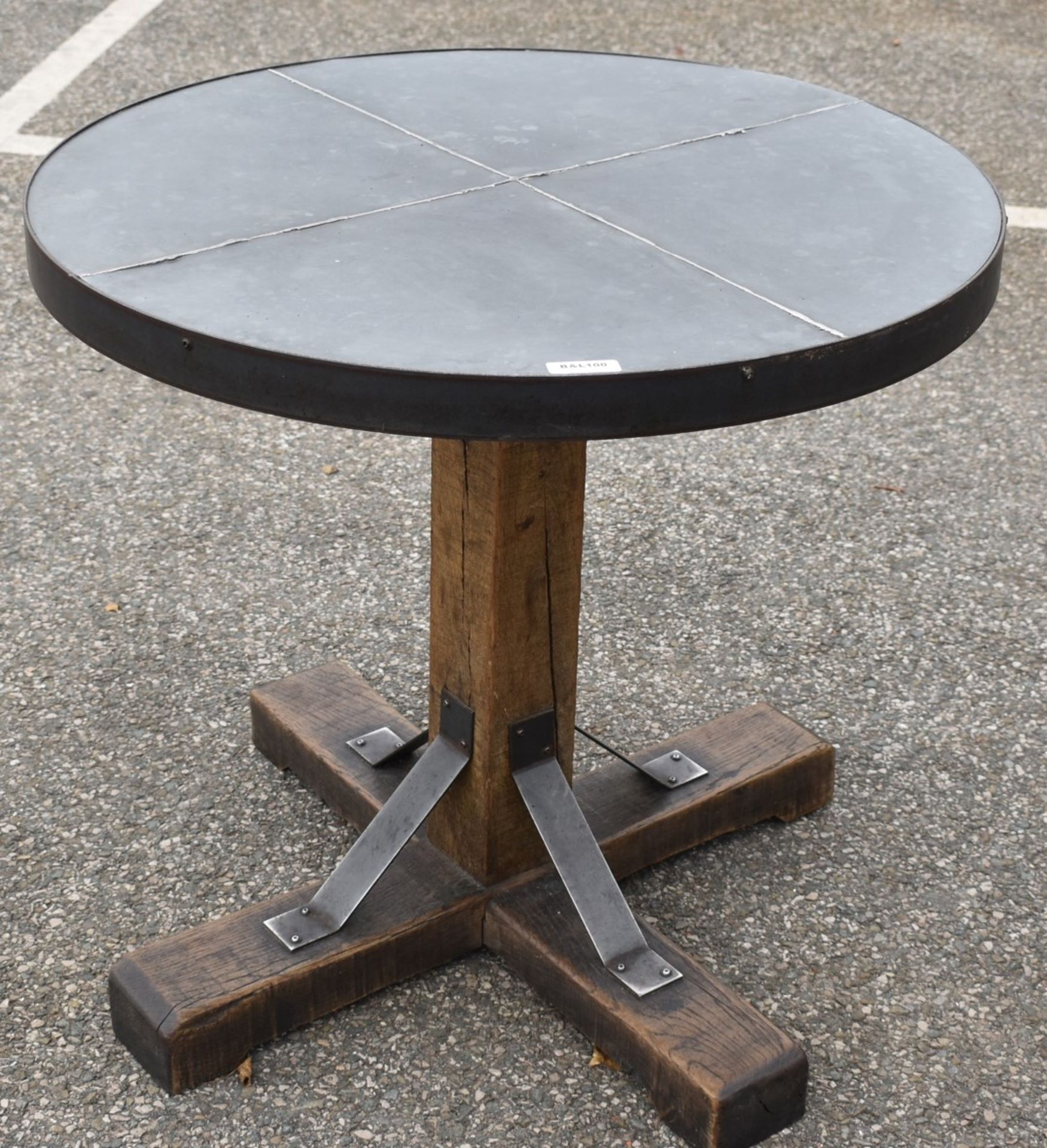 1 x Industrial 80cm Restaurant Table - Stone Style Top With Steel Edging and a Rustic Timber Base - Image 4 of 9