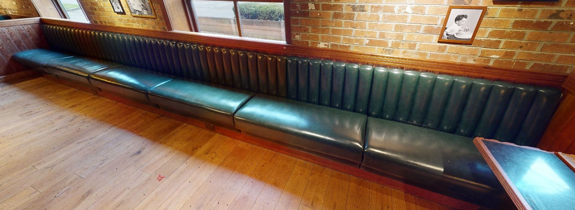 6 x Sections of Restarant Booth Seating Upholstered In Green Faux Leather With Vertical Fluted Backs - Image 5 of 6
