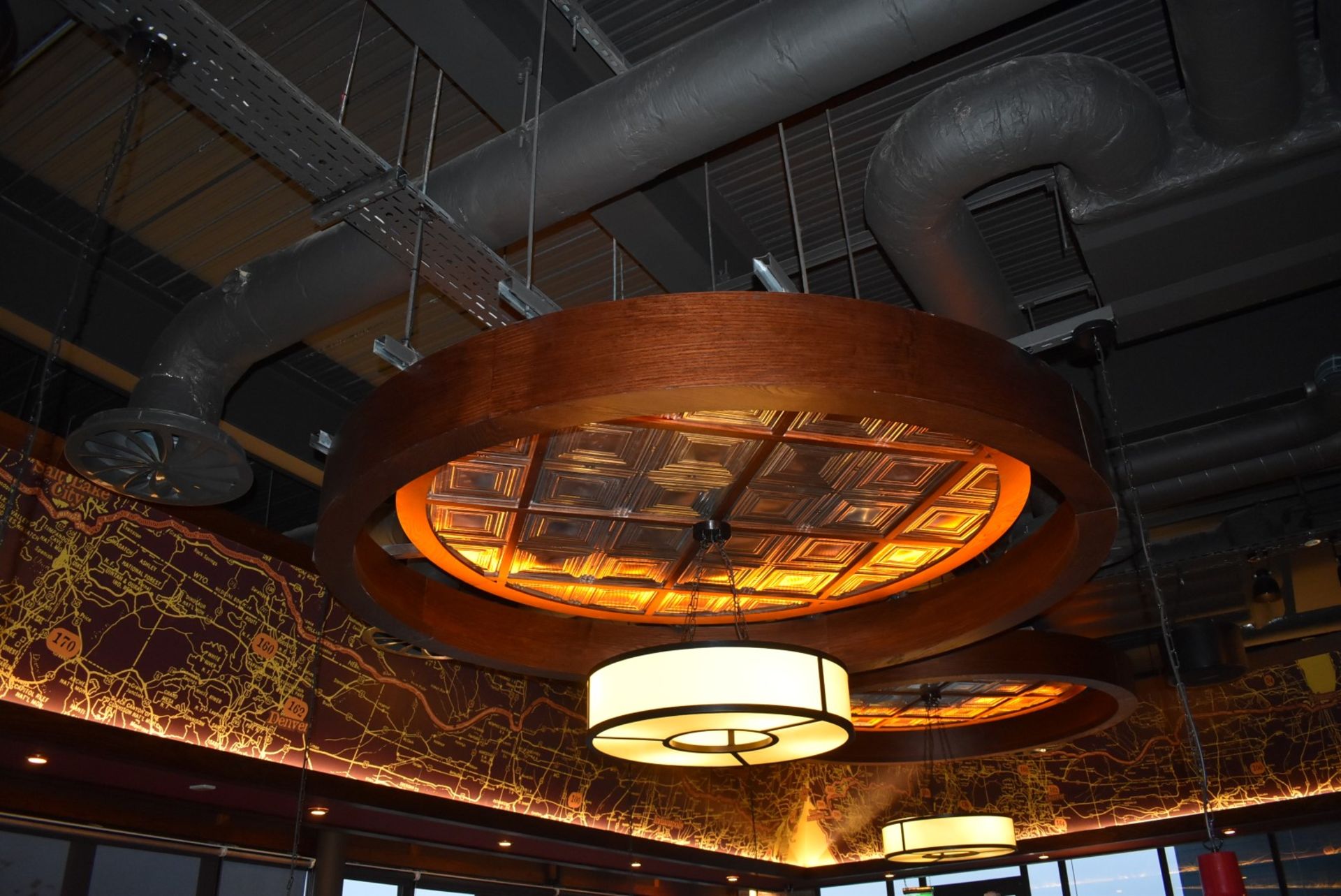 1 x Bespoke Suspended Round Ceiling Panel in Dark Wood With Panelling Inserts - Approx 2.6 Meter - Image 4 of 6