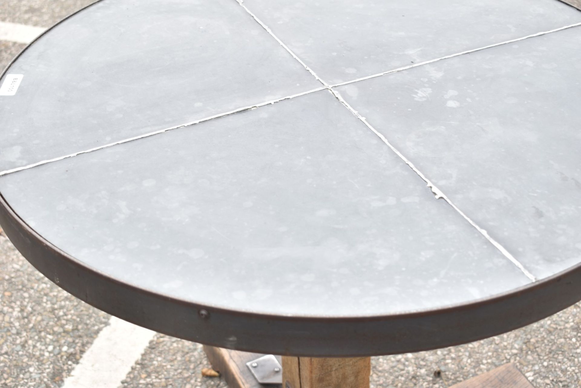 1 x Industrial 80cm Restaurant Table - Stone Style Top With Steel Edging and a Rustic Timber Base - Image 7 of 9