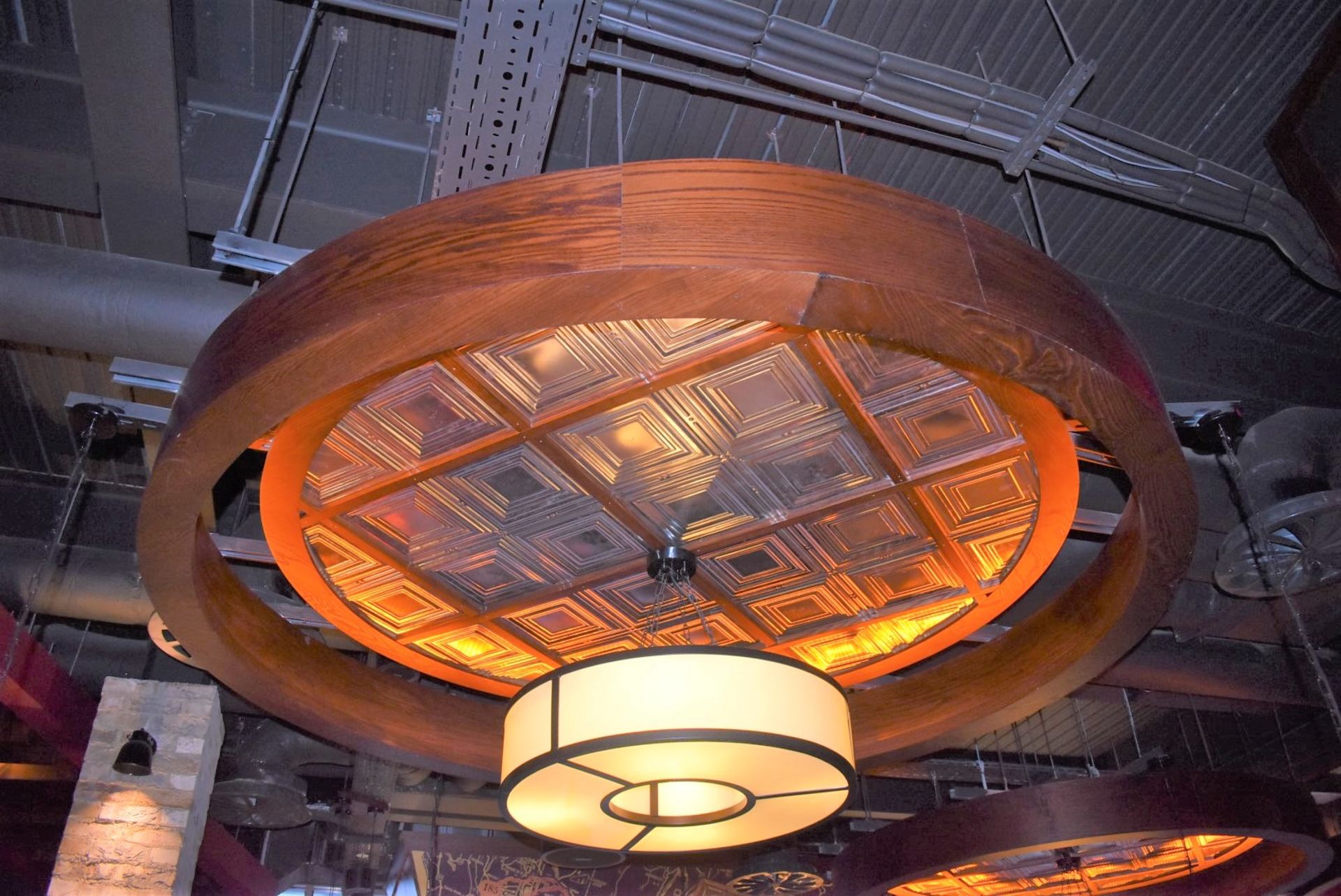 1 x Bespoke Suspended Round Ceiling Panel in Dark Wood With Panelling Inserts - Approx 2.6 Meter - Image 2 of 6