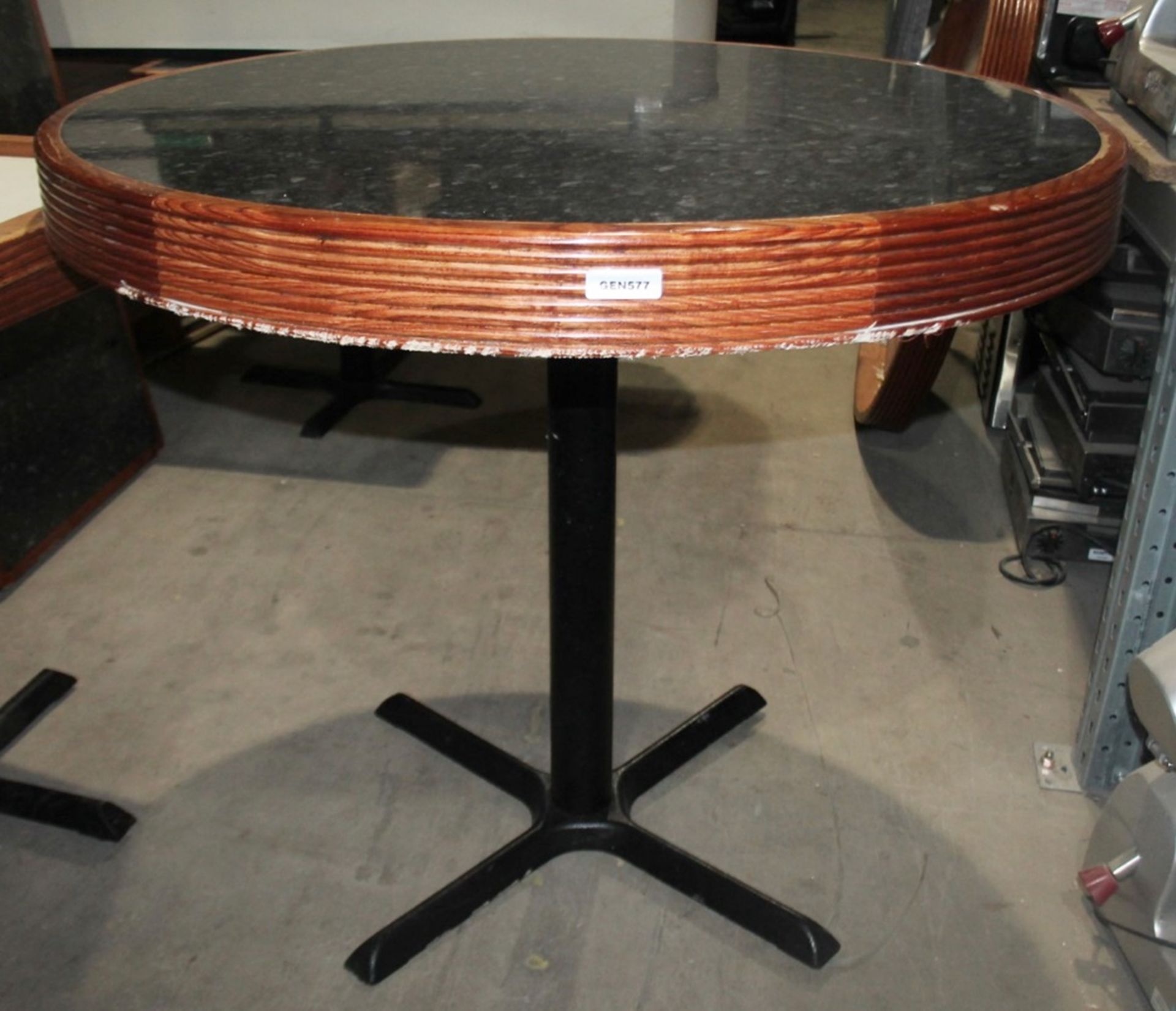 4 x Round Restaurant Dining Tables With Granite Style Surface, Wooden Edging and Cast Iron Bases - - Image 3 of 3