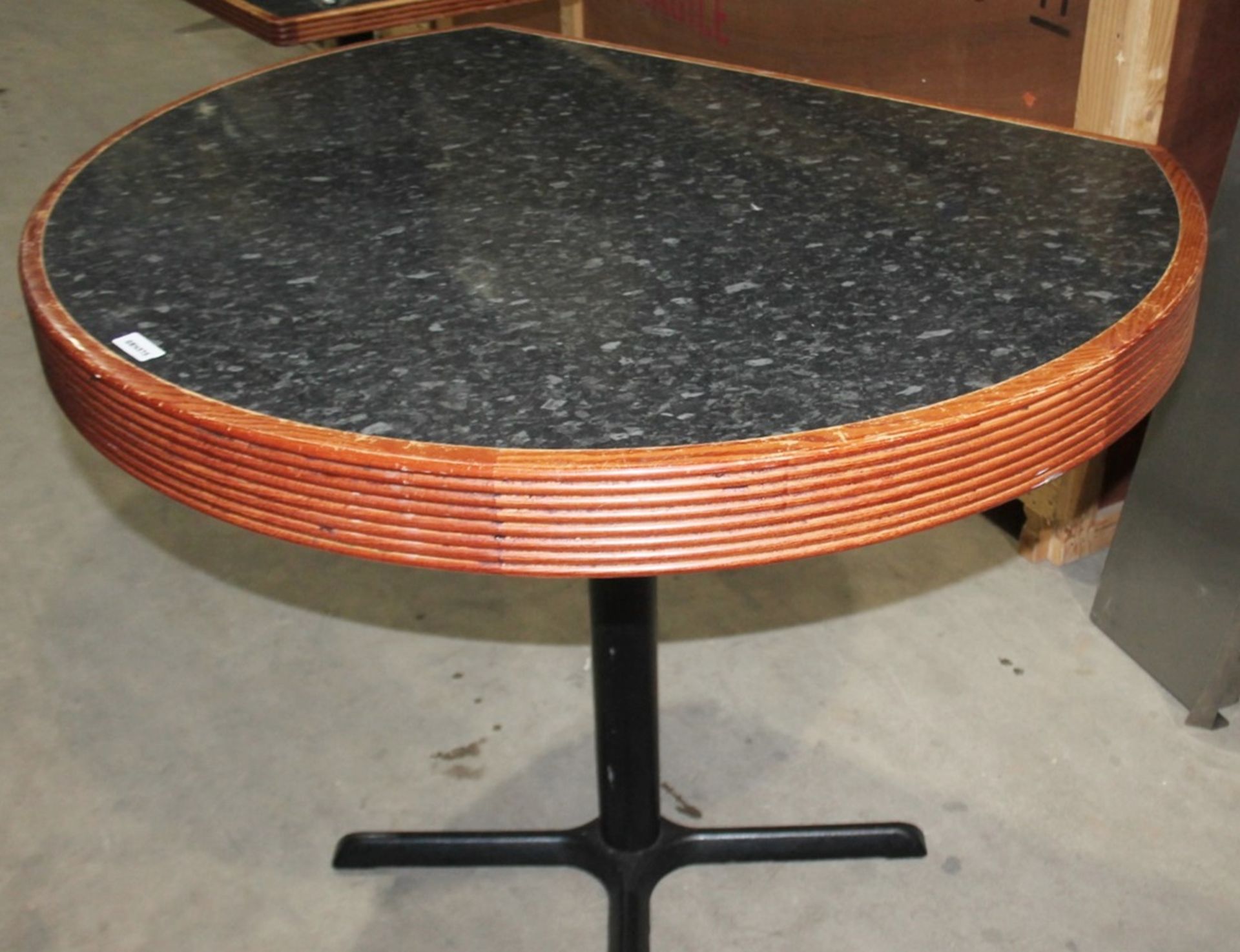2 x Restaurant Semi-Circle Dining Tables With Granite Style Surface, Wooden Edging and Cast Iron - Image 2 of 4