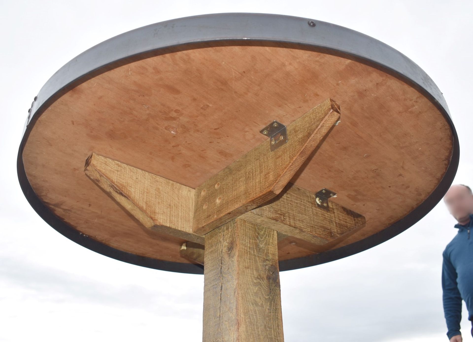 1 x Industrial 80cm Restaurant Table - Stone Style Top With Steel Edging and a Rustic Timber Base - Image 5 of 9