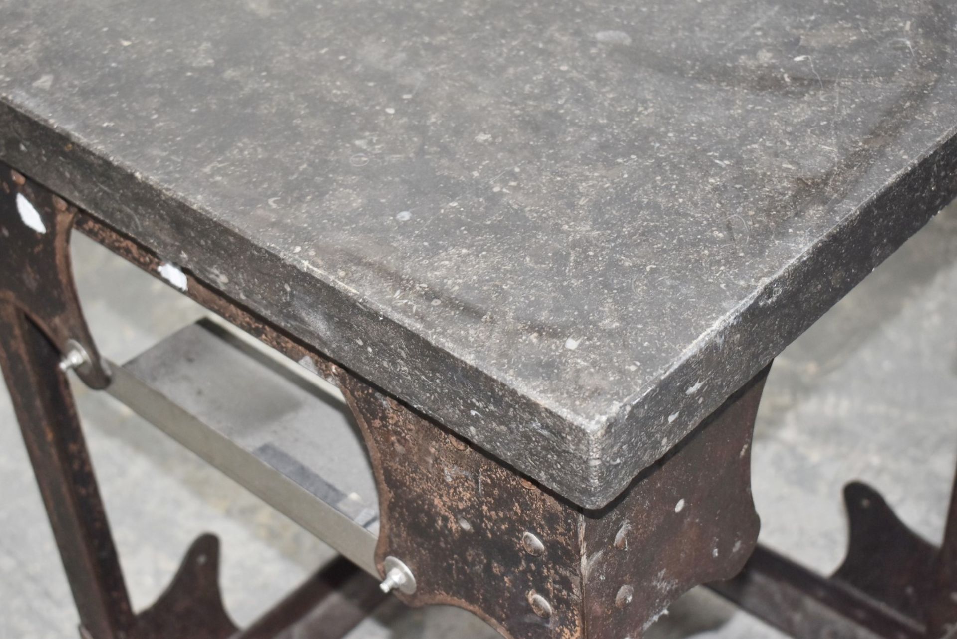 1 x Vintage Butchers Block With Riveted Steel Base, Utensil Hanging Rail and Heavy Stone Block Top - Image 2 of 11