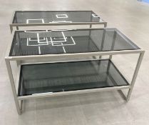 A Pair Of Commercial Display Tables With Tinted Glass Tops And Under-shelves