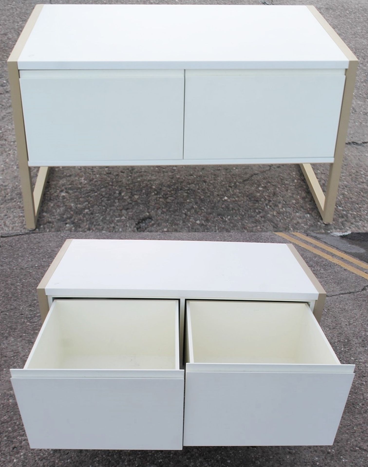 A Pair Of Large Matching Retail Display Units With 2-Drawer Storage In White And Gold