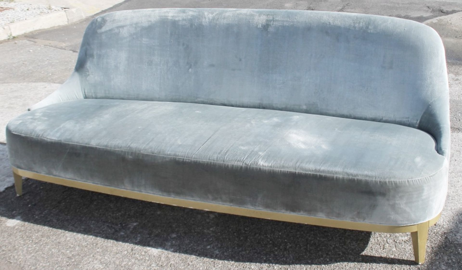 1 x Opulent Velvet Upholstered Sofa In Blue-Silver Tone With A Curved Base In Gold - Image 11 of 13