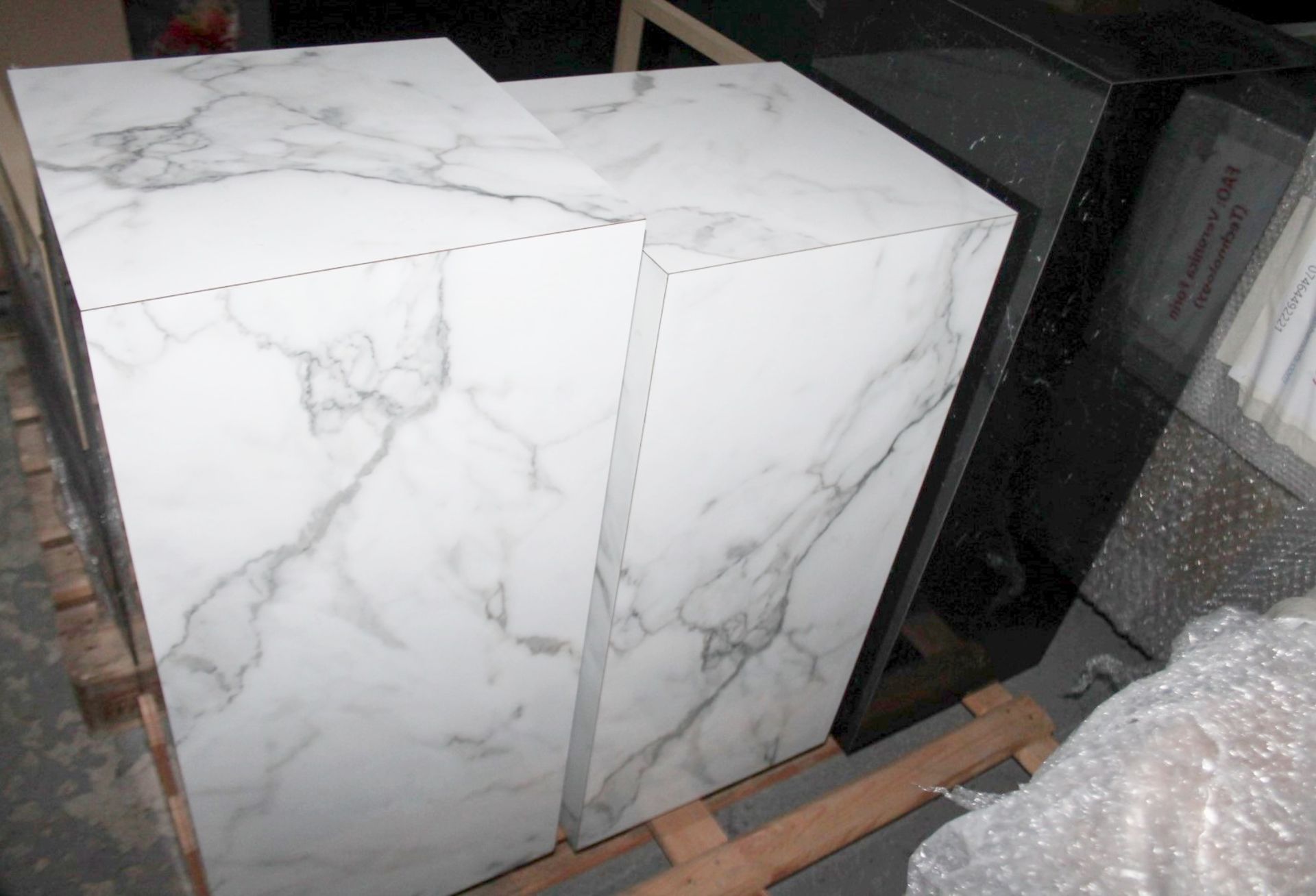3 x Assorted Tall Retail Display Plinth, All With A Marble-effect Aesthetic - Recently Removed
